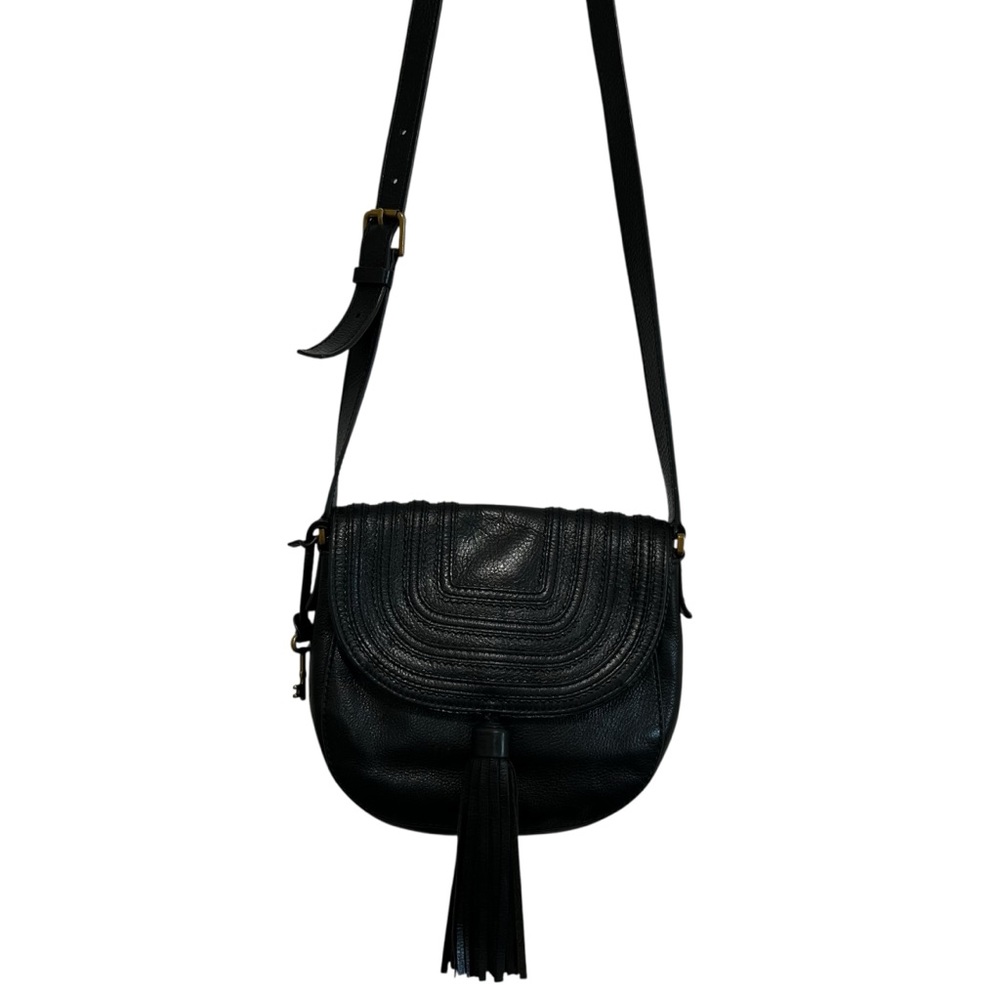Fossil Emi Tassel Black Leather Crossbody Saddle Bag - Picture 2 of 14